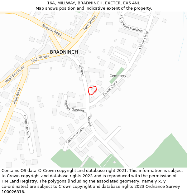 16A, MILLWAY, BRADNINCH, EXETER, EX5 4NL: Location map and indicative extent of plot