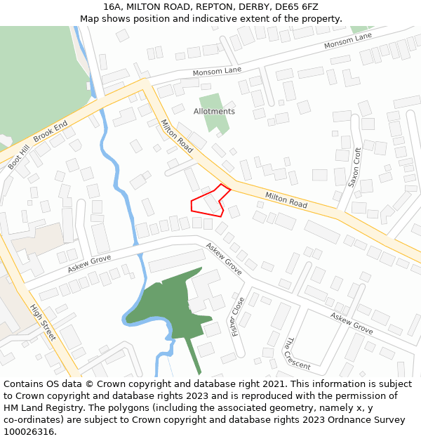 16A, MILTON ROAD, REPTON, DERBY, DE65 6FZ: Location map and indicative extent of plot