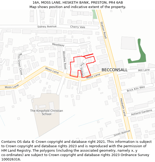 16A, MOSS LANE, HESKETH BANK, PRESTON, PR4 6AB: Location map and indicative extent of plot