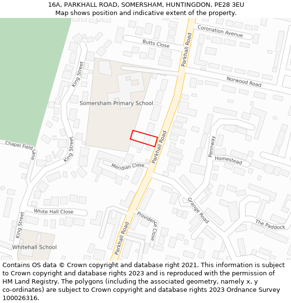 16A, PARKHALL ROAD, SOMERSHAM, HUNTINGDON, PE28 3EU: Location map and indicative extent of plot