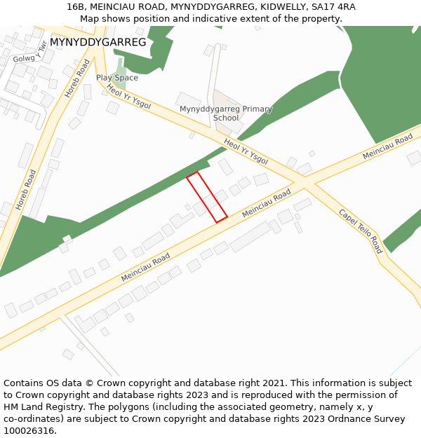 16B, MEINCIAU ROAD, MYNYDDYGARREG, KIDWELLY, SA17 4RA: Location map and indicative extent of plot