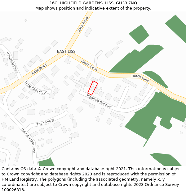 16C, HIGHFIELD GARDENS, LISS, GU33 7NQ: Location map and indicative extent of plot