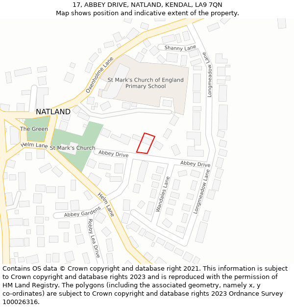 17, ABBEY DRIVE, NATLAND, KENDAL, LA9 7QN: Location map and indicative extent of plot