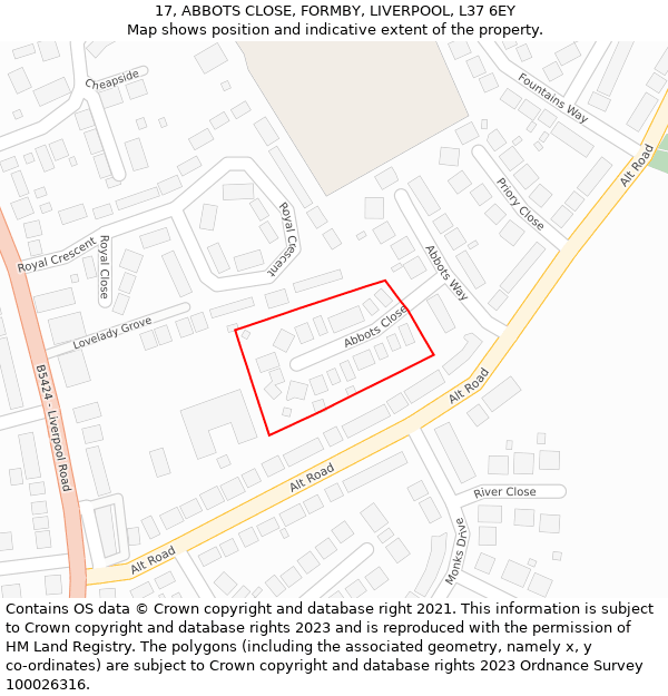 17, ABBOTS CLOSE, FORMBY, LIVERPOOL, L37 6EY: Location map and indicative extent of plot