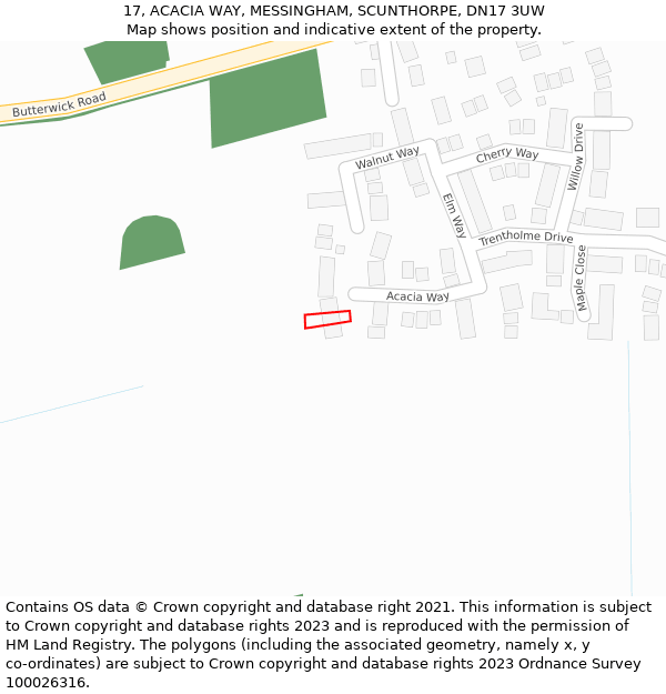 17, ACACIA WAY, MESSINGHAM, SCUNTHORPE, DN17 3UW: Location map and indicative extent of plot