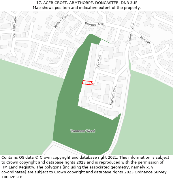 17, ACER CROFT, ARMTHORPE, DONCASTER, DN3 3UF: Location map and indicative extent of plot