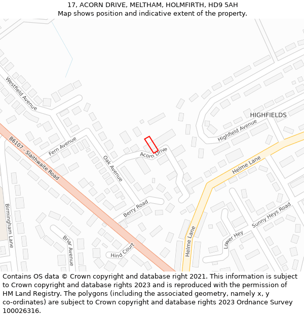 17, ACORN DRIVE, MELTHAM, HOLMFIRTH, HD9 5AH: Location map and indicative extent of plot