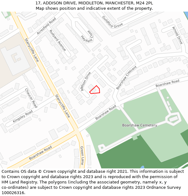 17, ADDISON DRIVE, MIDDLETON, MANCHESTER, M24 2PL: Location map and indicative extent of plot