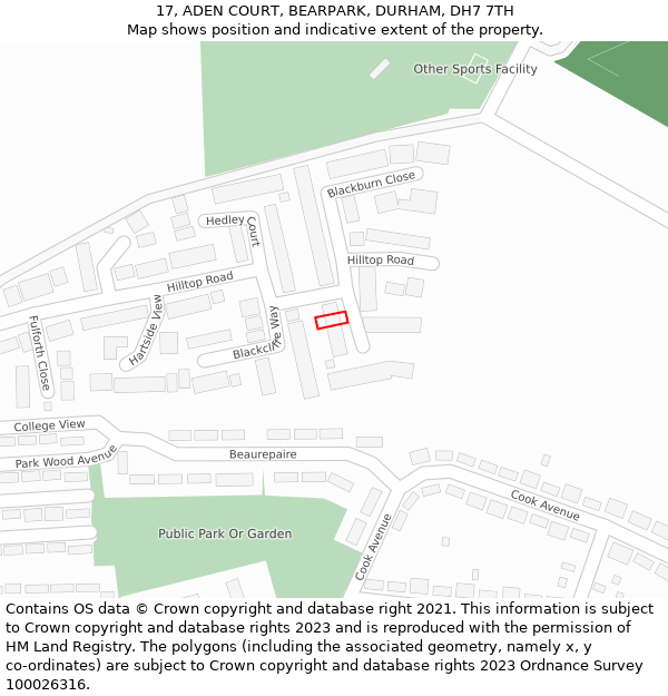 17, ADEN COURT, BEARPARK, DURHAM, DH7 7TH: Location map and indicative extent of plot