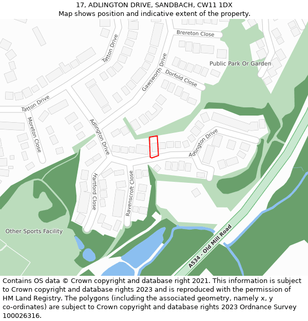 17, ADLINGTON DRIVE, SANDBACH, CW11 1DX: Location map and indicative extent of plot