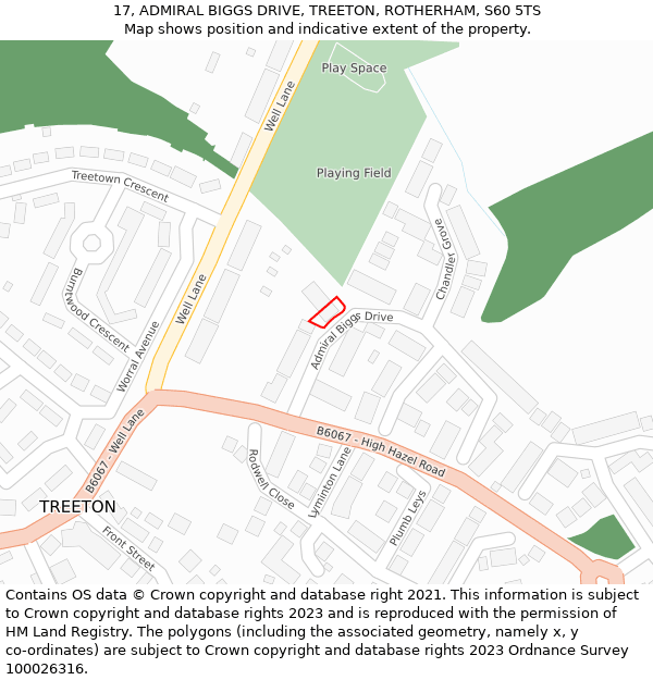 17, ADMIRAL BIGGS DRIVE, TREETON, ROTHERHAM, S60 5TS: Location map and indicative extent of plot