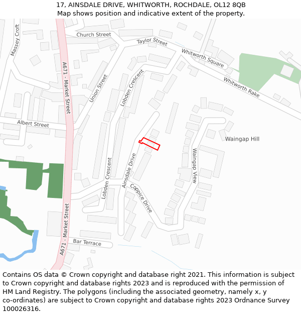 17, AINSDALE DRIVE, WHITWORTH, ROCHDALE, OL12 8QB: Location map and indicative extent of plot