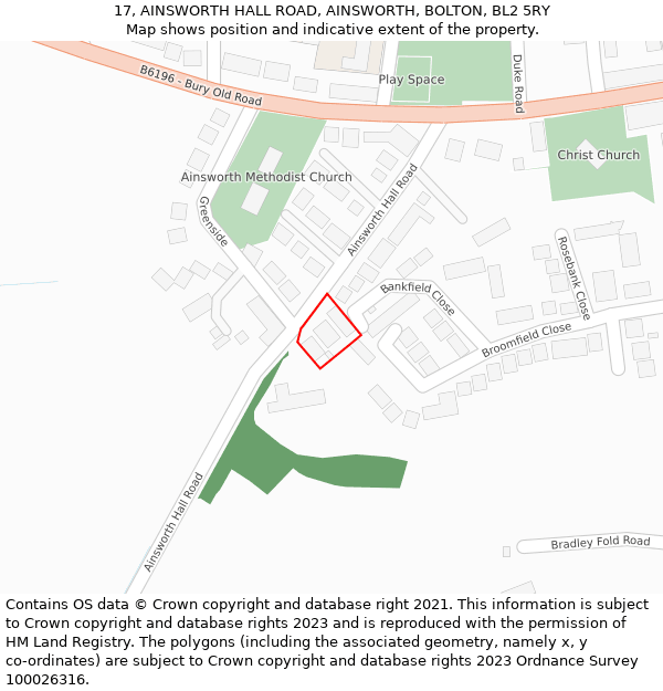 17, AINSWORTH HALL ROAD, AINSWORTH, BOLTON, BL2 5RY: Location map and indicative extent of plot