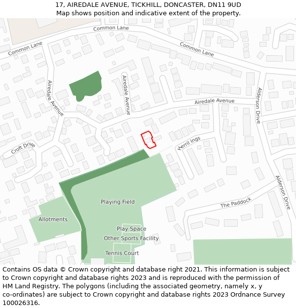 17, AIREDALE AVENUE, TICKHILL, DONCASTER, DN11 9UD: Location map and indicative extent of plot