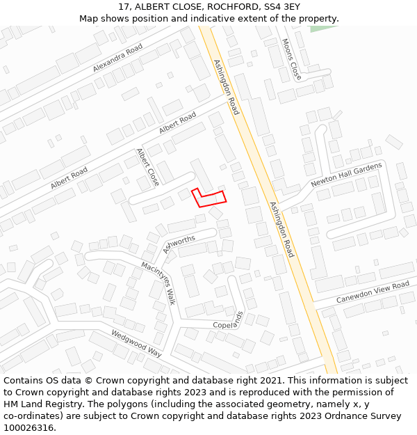 17, ALBERT CLOSE, ROCHFORD, SS4 3EY: Location map and indicative extent of plot