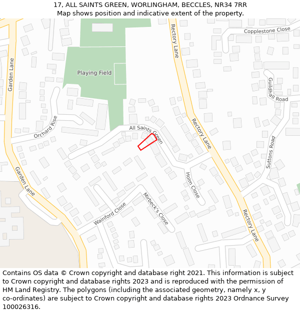 17, ALL SAINTS GREEN, WORLINGHAM, BECCLES, NR34 7RR: Location map and indicative extent of plot