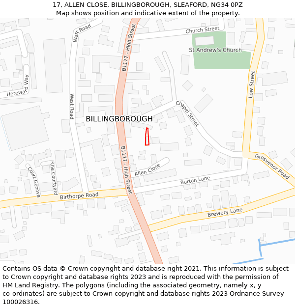 17, ALLEN CLOSE, BILLINGBOROUGH, SLEAFORD, NG34 0PZ: Location map and indicative extent of plot