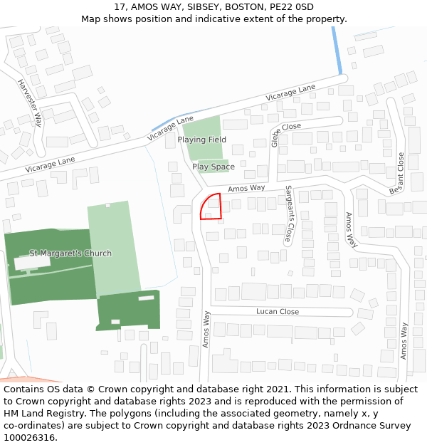 17, AMOS WAY, SIBSEY, BOSTON, PE22 0SD: Location map and indicative extent of plot