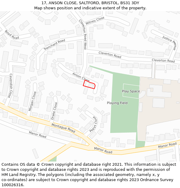 17, ANSON CLOSE, SALTFORD, BRISTOL, BS31 3DY: Location map and indicative extent of plot