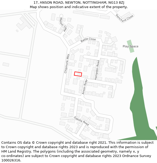 17, ANSON ROAD, NEWTON, NOTTINGHAM, NG13 8ZJ: Location map and indicative extent of plot