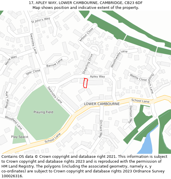 17, APLEY WAY, LOWER CAMBOURNE, CAMBRIDGE, CB23 6DF: Location map and indicative extent of plot