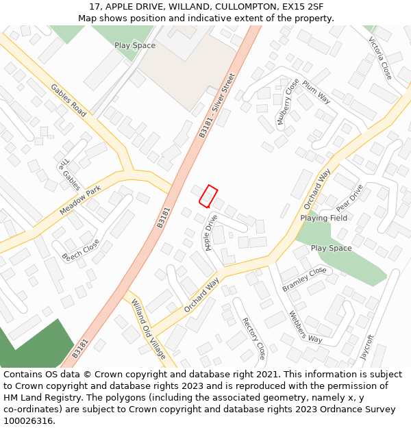 17, APPLE DRIVE, WILLAND, CULLOMPTON, EX15 2SF: Location map and indicative extent of plot