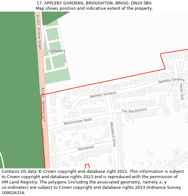 17, APPLEBY GARDENS, BROUGHTON, BRIGG, DN20 0BA: Location map and indicative extent of plot