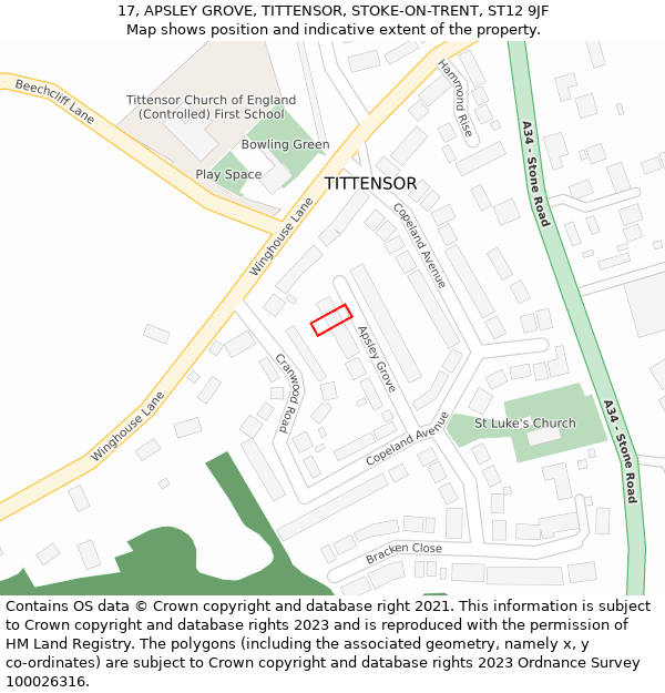 17, APSLEY GROVE, TITTENSOR, STOKE-ON-TRENT, ST12 9JF: Location map and indicative extent of plot