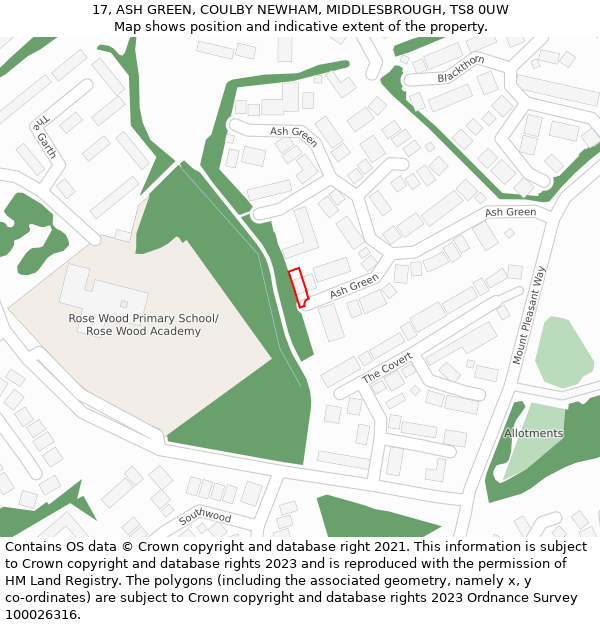 17, ASH GREEN, COULBY NEWHAM, MIDDLESBROUGH, TS8 0UW: Location map and indicative extent of plot