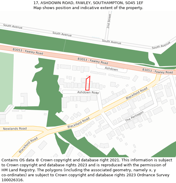 17, ASHDOWN ROAD, FAWLEY, SOUTHAMPTON, SO45 1EF: Location map and indicative extent of plot