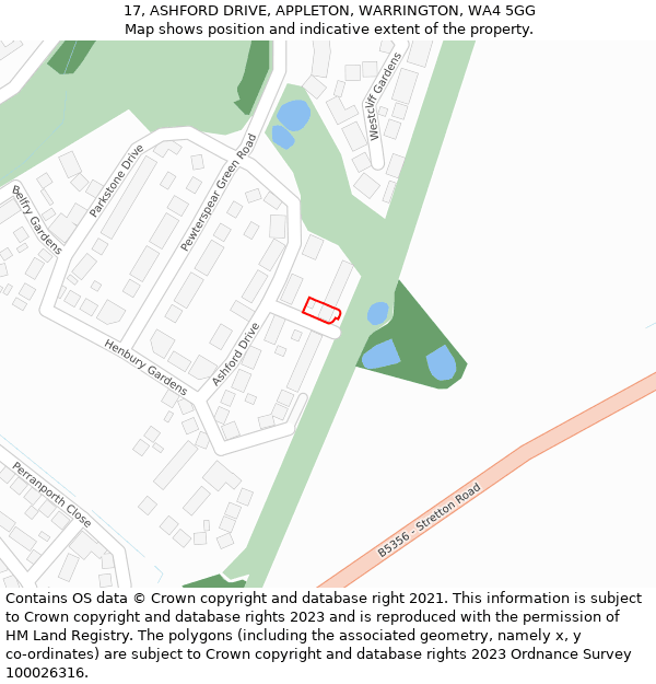 17, ASHFORD DRIVE, APPLETON, WARRINGTON, WA4 5GG: Location map and indicative extent of plot