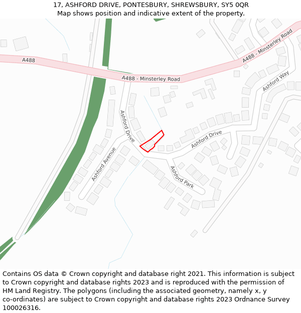 17, ASHFORD DRIVE, PONTESBURY, SHREWSBURY, SY5 0QR: Location map and indicative extent of plot