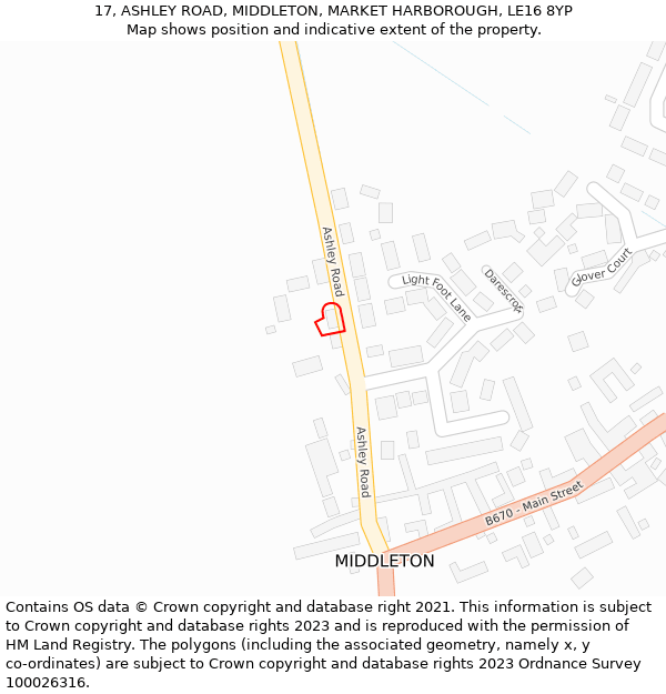 17, ASHLEY ROAD, MIDDLETON, MARKET HARBOROUGH, LE16 8YP: Location map and indicative extent of plot