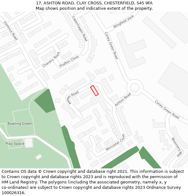 17, ASHTON ROAD, CLAY CROSS, CHESTERFIELD, S45 9FA: Location map and indicative extent of plot