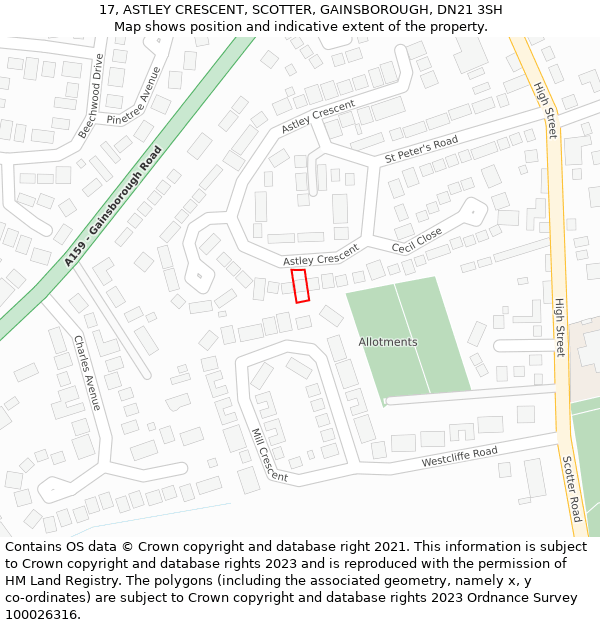 17, ASTLEY CRESCENT, SCOTTER, GAINSBOROUGH, DN21 3SH: Location map and indicative extent of plot