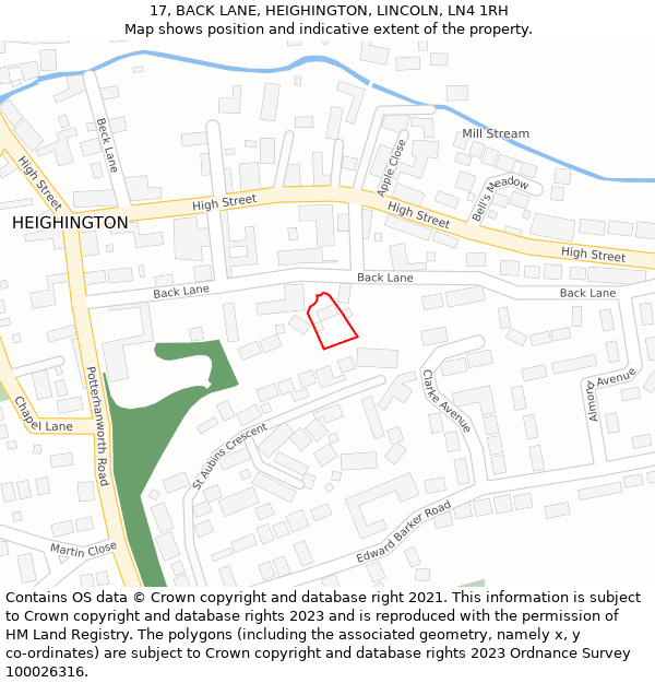 17, BACK LANE, HEIGHINGTON, LINCOLN, LN4 1RH: Location map and indicative extent of plot