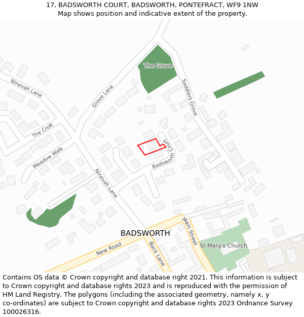 17, BADSWORTH COURT, BADSWORTH, PONTEFRACT, WF9 1NW: Location map and indicative extent of plot