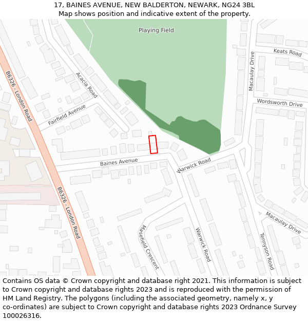 17, BAINES AVENUE, NEW BALDERTON, NEWARK, NG24 3BL: Location map and indicative extent of plot