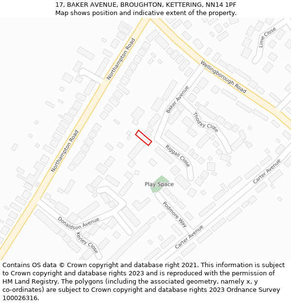 17, BAKER AVENUE, BROUGHTON, KETTERING, NN14 1PF: Location map and indicative extent of plot