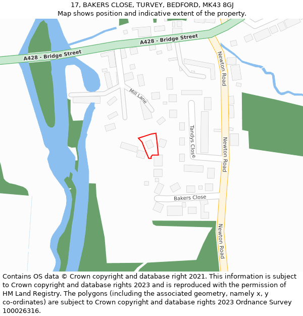 17, BAKERS CLOSE, TURVEY, BEDFORD, MK43 8GJ: Location map and indicative extent of plot