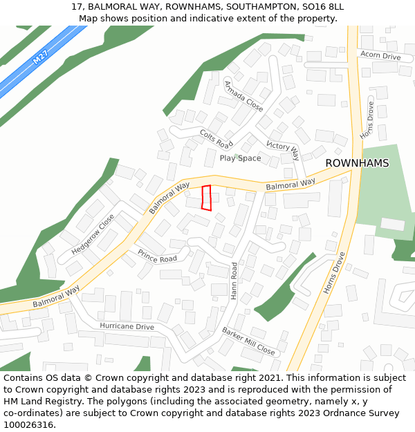 17, BALMORAL WAY, ROWNHAMS, SOUTHAMPTON, SO16 8LL: Location map and indicative extent of plot