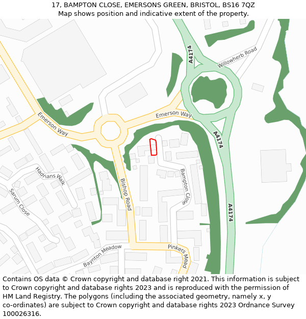 17, BAMPTON CLOSE, EMERSONS GREEN, BRISTOL, BS16 7QZ: Location map and indicative extent of plot