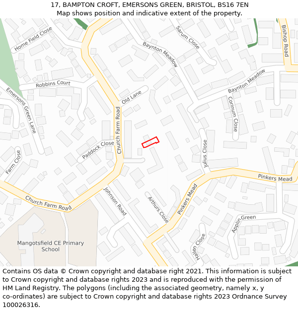 17, BAMPTON CROFT, EMERSONS GREEN, BRISTOL, BS16 7EN: Location map and indicative extent of plot