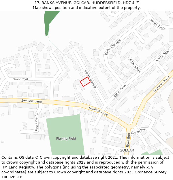 17, BANKS AVENUE, GOLCAR, HUDDERSFIELD, HD7 4LZ: Location map and indicative extent of plot