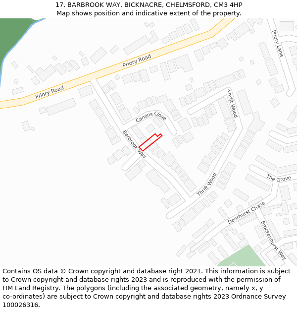 17, BARBROOK WAY, BICKNACRE, CHELMSFORD, CM3 4HP: Location map and indicative extent of plot