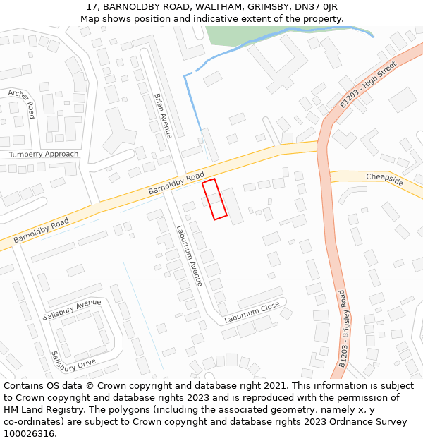 17, BARNOLDBY ROAD, WALTHAM, GRIMSBY, DN37 0JR: Location map and indicative extent of plot