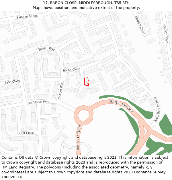 17, BARON CLOSE, MIDDLESBROUGH, TS5 8FH: Location map and indicative extent of plot