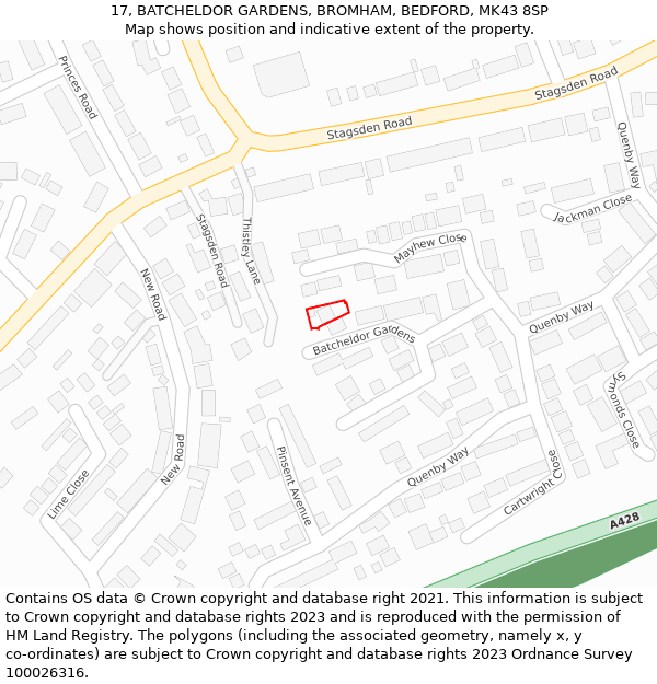 17, BATCHELDOR GARDENS, BROMHAM, BEDFORD, MK43 8SP: Location map and indicative extent of plot