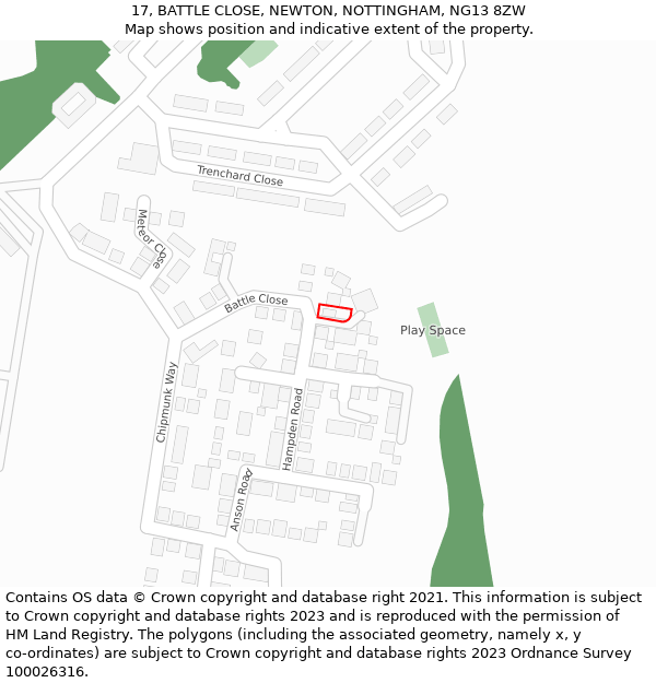 17, BATTLE CLOSE, NEWTON, NOTTINGHAM, NG13 8ZW: Location map and indicative extent of plot