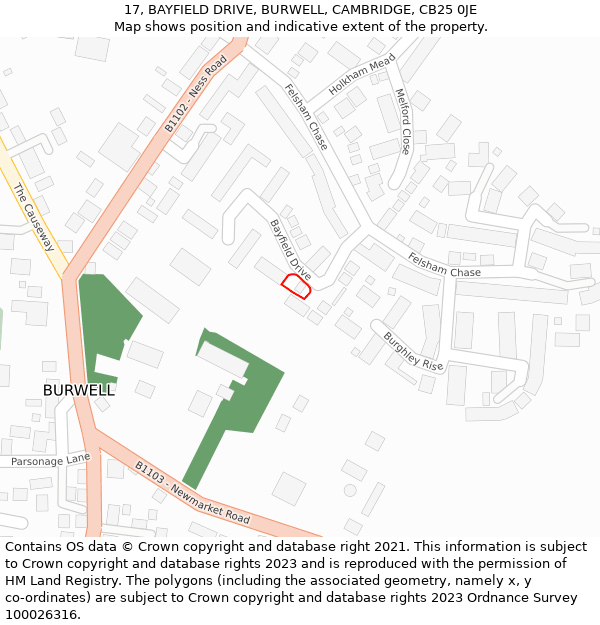 17, BAYFIELD DRIVE, BURWELL, CAMBRIDGE, CB25 0JE: Location map and indicative extent of plot